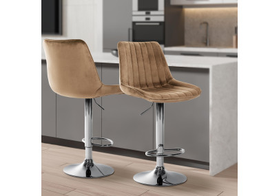 Ensemble de 2 tabourets de bar Toni en velours, marron chromé