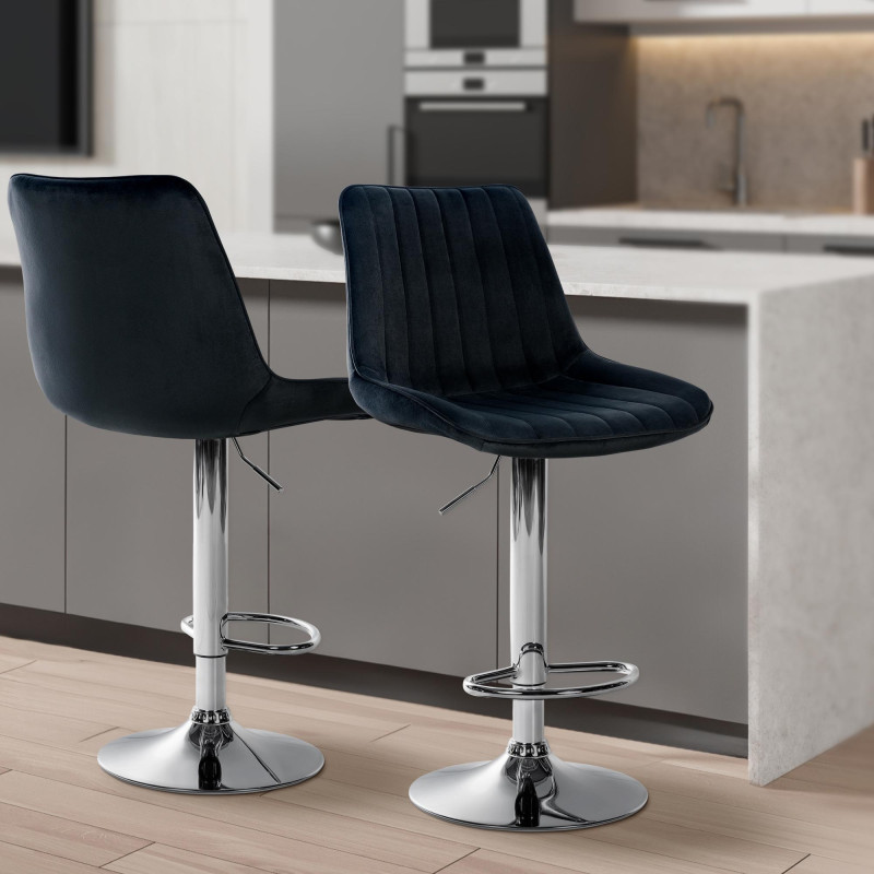 Ensemble de 2 tabourets de bar Toni, velours, chrome, noir