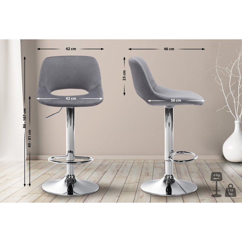 Tabouret de bar Camden, velours, chrome, gris foncé