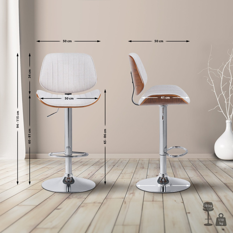 Ensemble de 2 tabourets de bar Clawson, tissu, chrome, noyer/crème