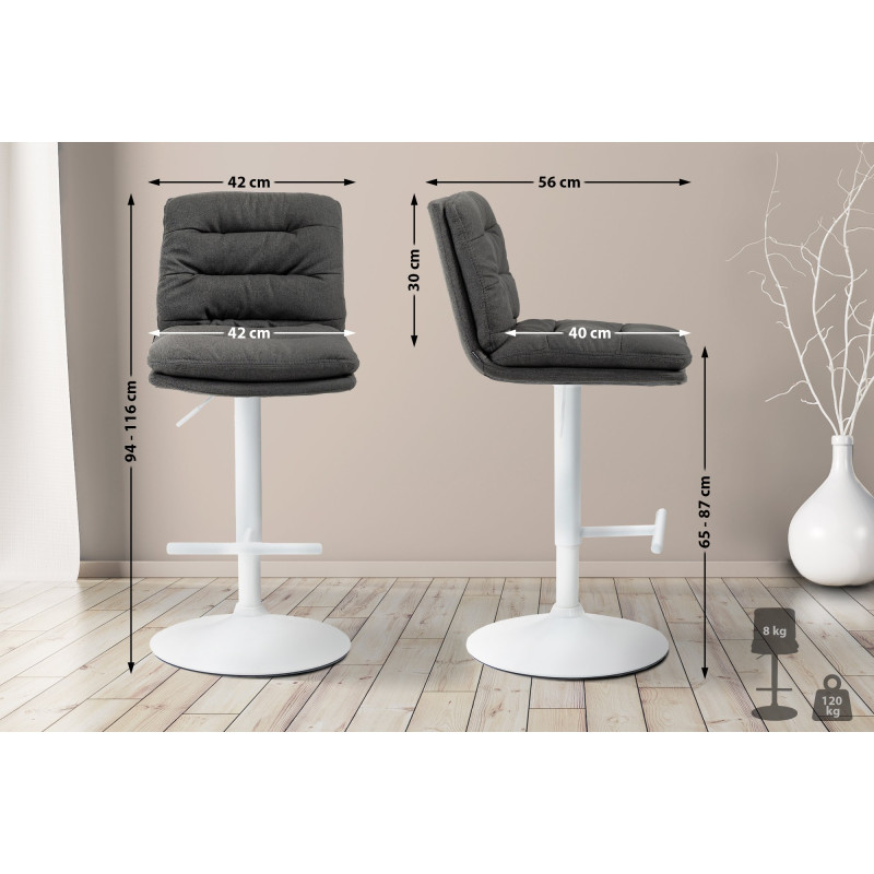 Ensemble de 2 tabourets de bar Damar, tissu blanc/gris foncé