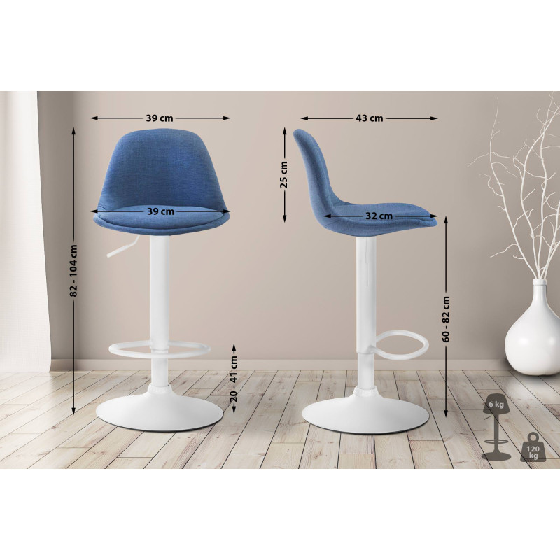 Tabouret de bar Kiel en tissu blanc bleu