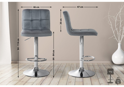Ensemble de 2 tabourets de bar en velours Pérou, chromés, gris foncé