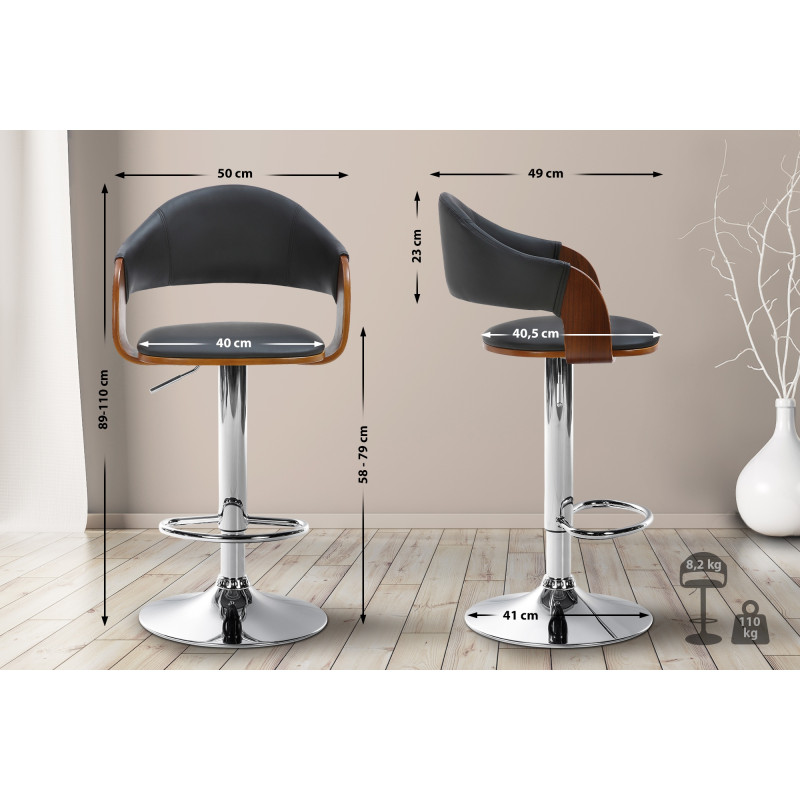 Ensemble de 2 tabourets de bar Nilse, similicuir, chrome, noyer/noir