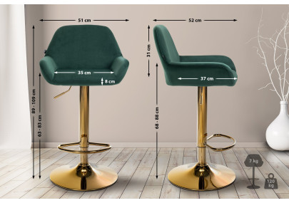 Conjunto de 2 banquetas Braga em veludo dourado e verde escuro.