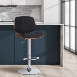 Tabouret de bar Clawson, tissu, chrome, noyer/noir