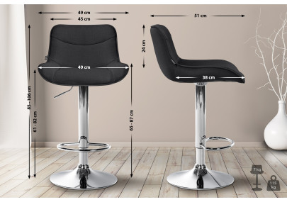 Set di 2 sgabelli da bar Vonore, tessuto, cromato, nero