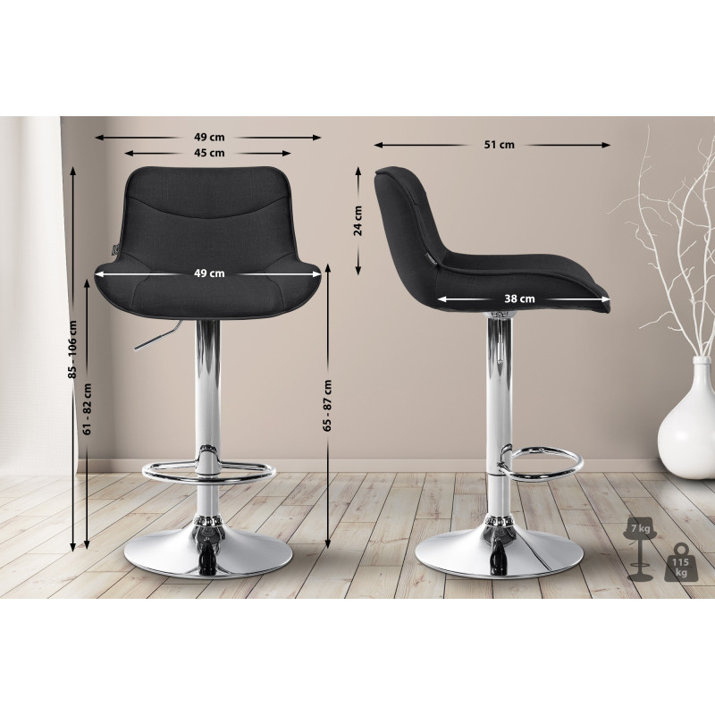 Lot de 2 tabourets de bar Vonore, tissu, chrome, noir