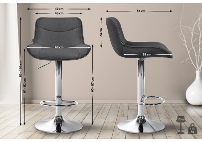 Set di 2 sgabelli da bar Vonore, tessuto, cromato, grigio scuro
