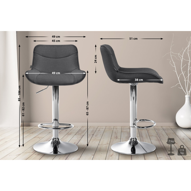 Lot de 2 tabourets de bar Vonore, tissu, chrome, gris foncé