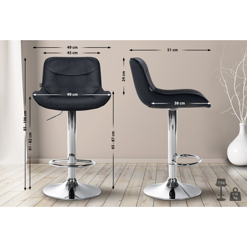 Lot de 2 tabourets de bar Vonore, velours, chrome, noir