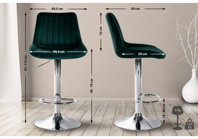 Tabouret de bar Toni, velours, chrome, vert