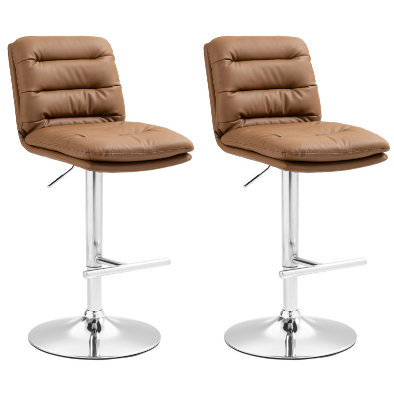 Ensemble de 2 tabourets de bar Damar, similicuir, chromé, marron clair