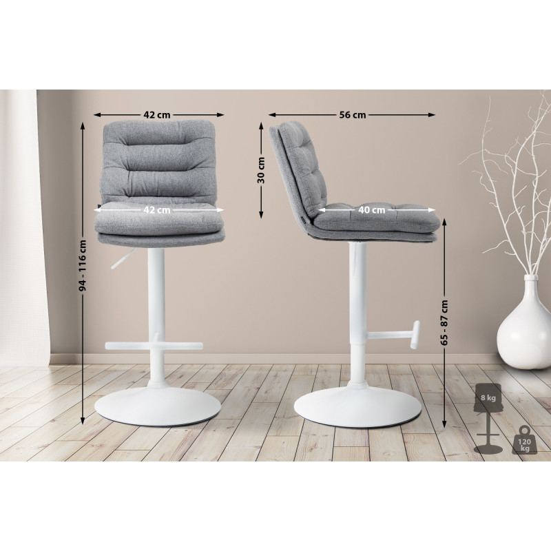 Ensemble de 2 tabourets de bar Damar, tissu blanc/gris