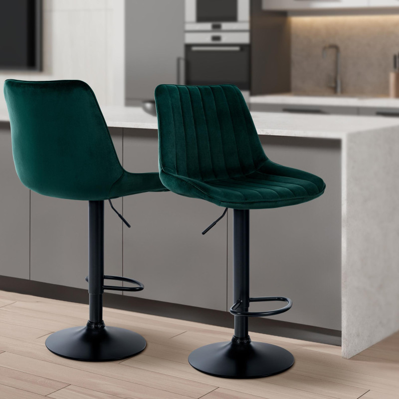 Lot de 2 tabourets de bar Toni en velours noir vert