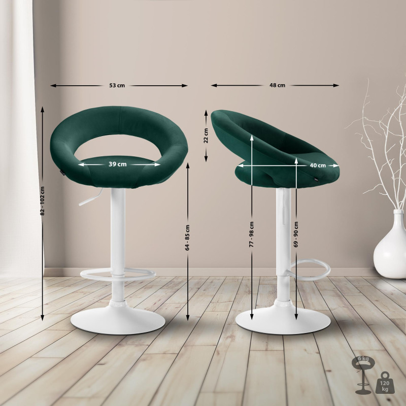 Tabouret de bar Olinda, velours, blanc vert