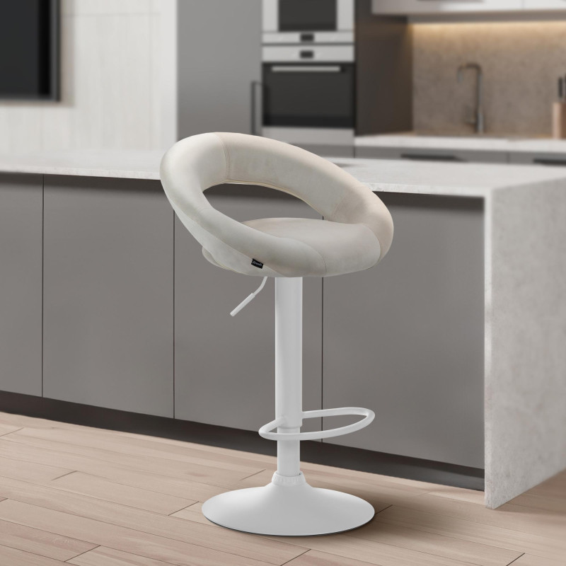 Tabouret de bar Olinda en velours, blanc/crème