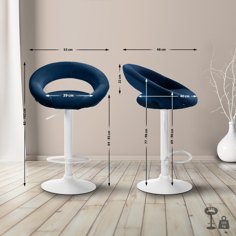 Tabouret de bar Olinda, velours, blanc bleu