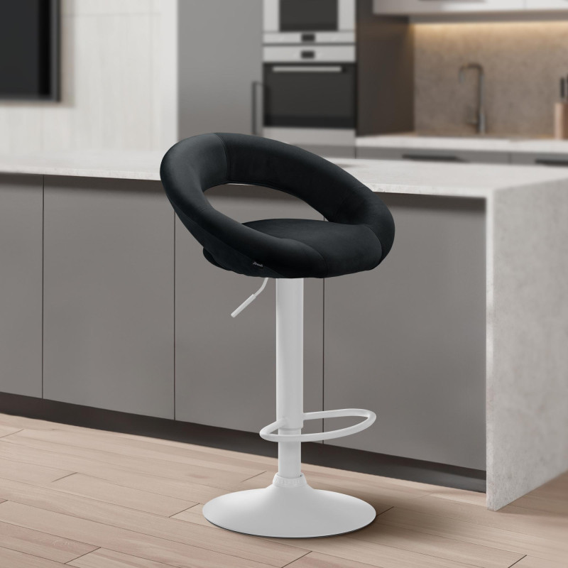 Tabouret de bar Olinda, velours, blanc noir