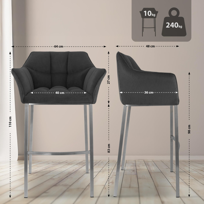 Taburete de bar Damaso E Cord con estructura de 4 patas, gris oscuro