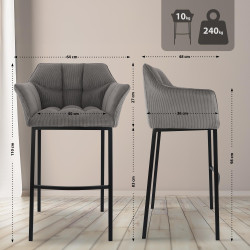 Tabouret de bar Damaso B Cord avec piètement à 4 pieds taupe