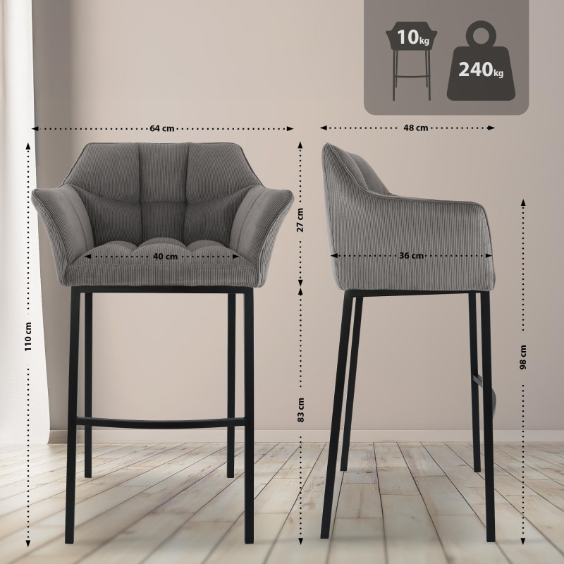 Tabouret de bar Damaso B Cord avec piètement à 4 pieds taupe