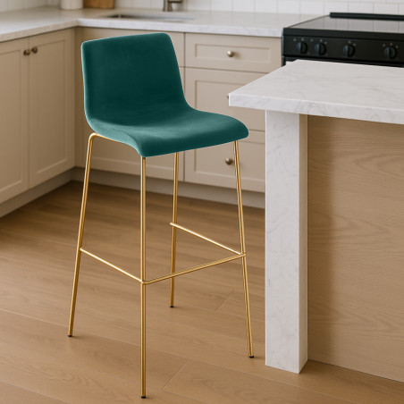 Tabouret de bar Hoover en velours, 4 pieds, doré vert