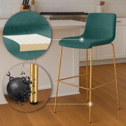Sgabello da bar in velluto Hoover, 4 gambe, oro/verde