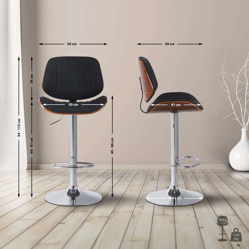 Ensemble de 2 tabourets de bar Clawson en tissu chromé noyer/noir