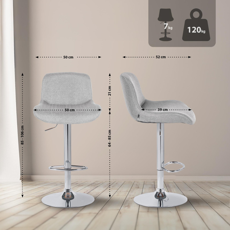 Ensemble de 2 tabourets de bar Solon, chromés et en tissu gris clair