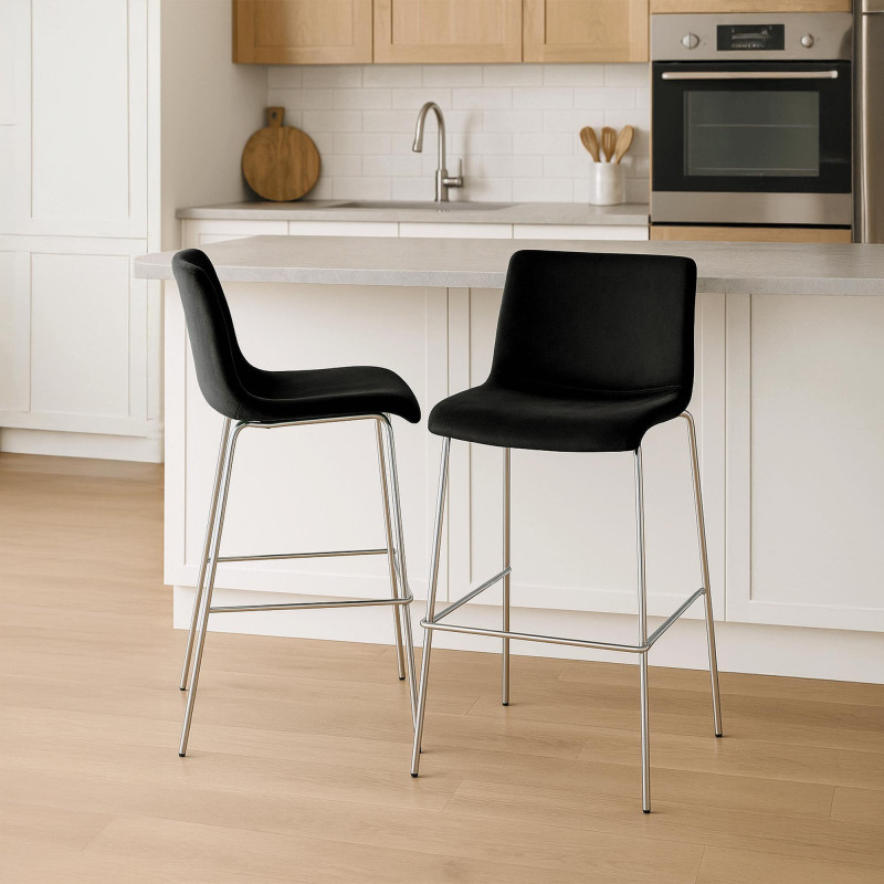 Tabouret de bar Hoover en velours, 4 pieds chromés noir