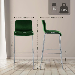 Tabouret de bar Hoover en velours, 4 pieds, vert chromé