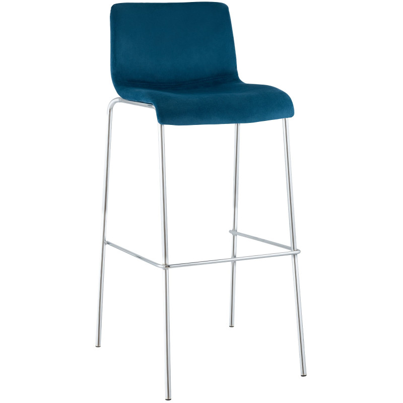 Tabouret de bar Hoover en velours, 4 pieds, chromé, bleu