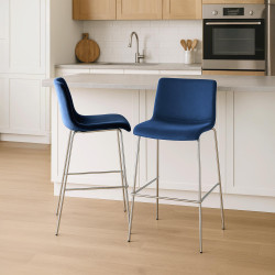 Tabouret de bar Hoover en velours, 4 pieds, chromé, bleu