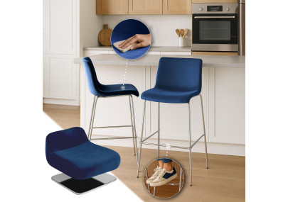 Sgabello da bar in velluto Hoover, 4 gambe, cromato, blu