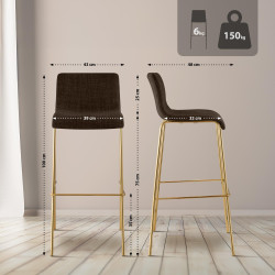 Tabouret de bar Hoover, tissu, 4 pieds, doré/marron