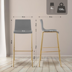 Tabouret de bar Hoover, en plastique, à 4 pieds, doré gris