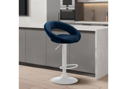 Tabouret de bar Olinda en velours, blanc/bleu