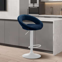 Tabouret de bar Olinda en velours, blanc/bleu