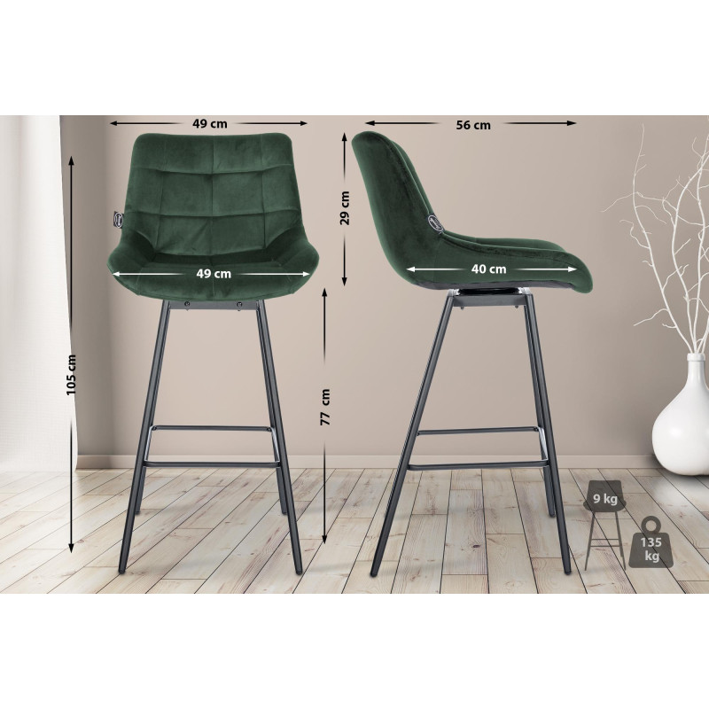 Ensemble de 4 tabourets de bar pivotants Weston en velours vert foncé