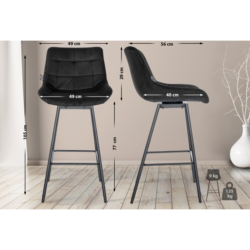 Conjunto de 4 taburetes de bar giratorios Weston de terciopelo negro