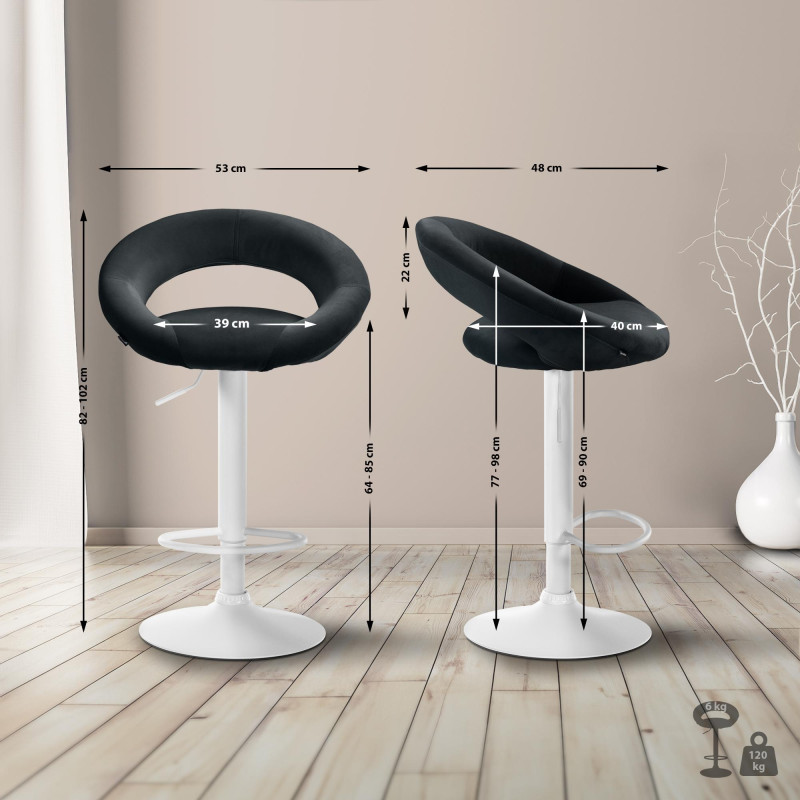 Tabouret de bar Olinda, velours, blanc noir