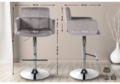 Conjunto de 2 taburetes de bar Los Angeles de terciopelo cromado gris