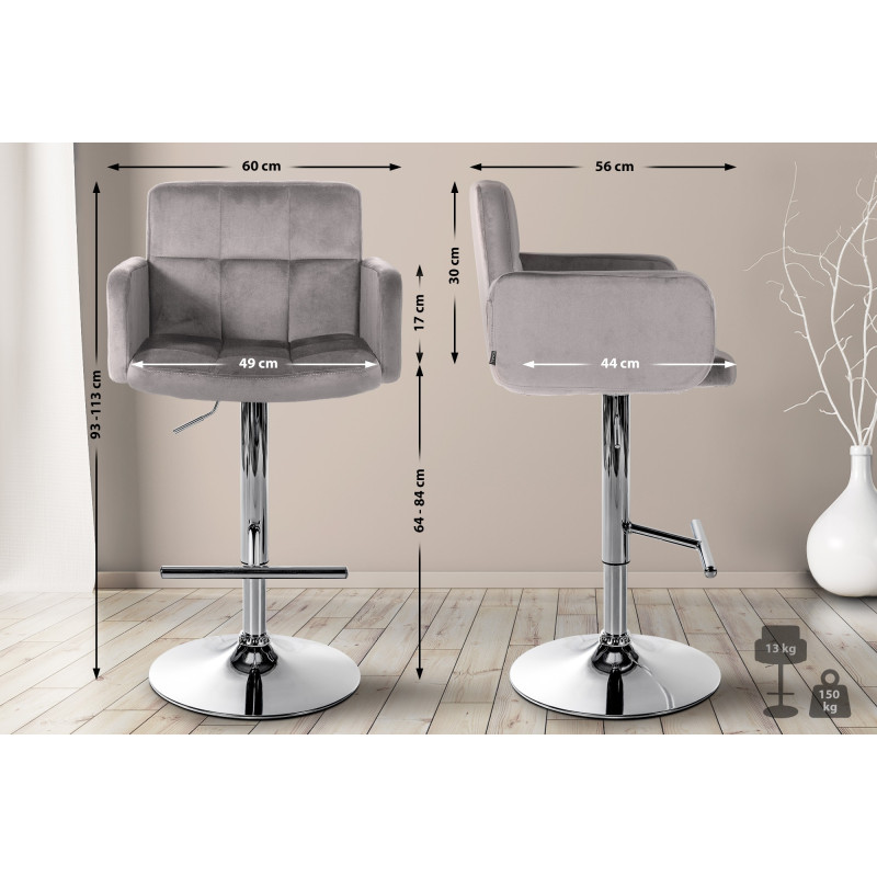 Conjunto de 2 taburetes de bar Los Angeles de terciopelo cromado gris