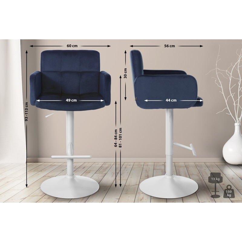 Conjunto de 2 bancos de bar Los Angeles em veludo azul branco