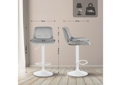 Tabouret de bar Solon, velours blanc, gris