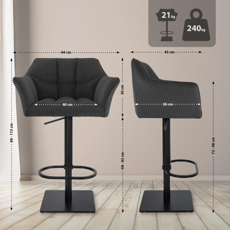 Tabouret de bar Damaso B Cord gris foncé