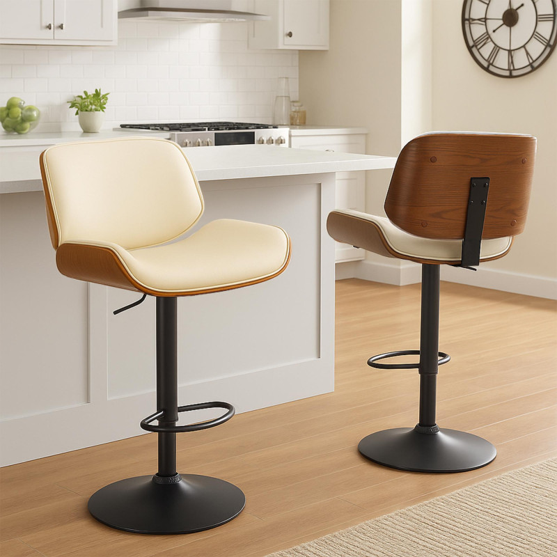 Tabouret de bar Beverley B en similicuir noix/crème