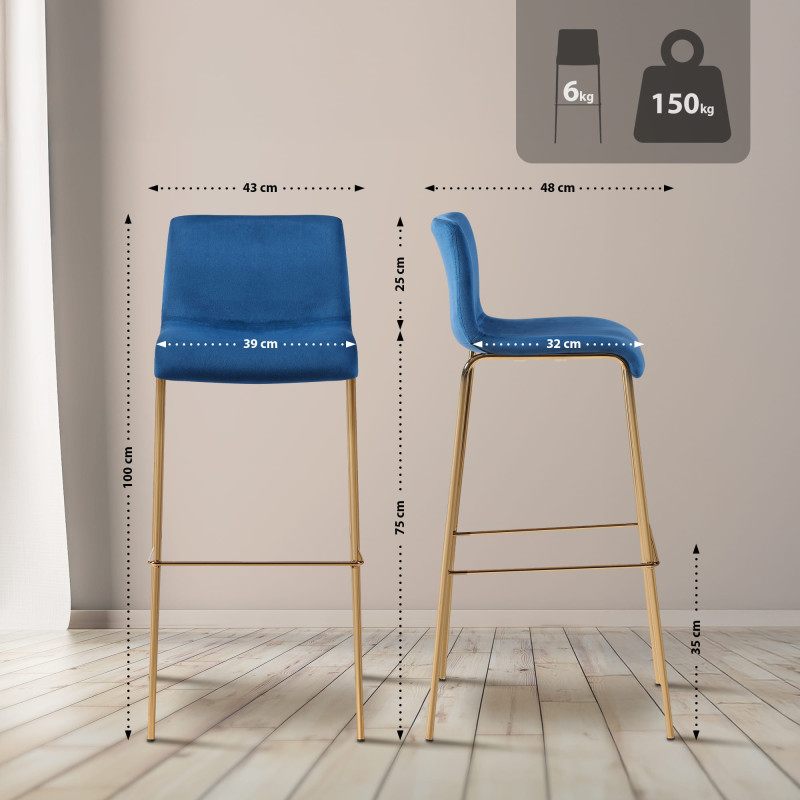 Tabouret de bar Hoover en velours, 4 pieds, doré bleu