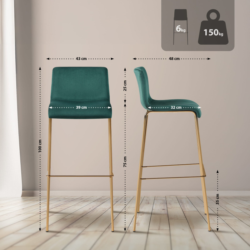 Tabouret de bar Hoover en velours, 4 pieds, doré vert